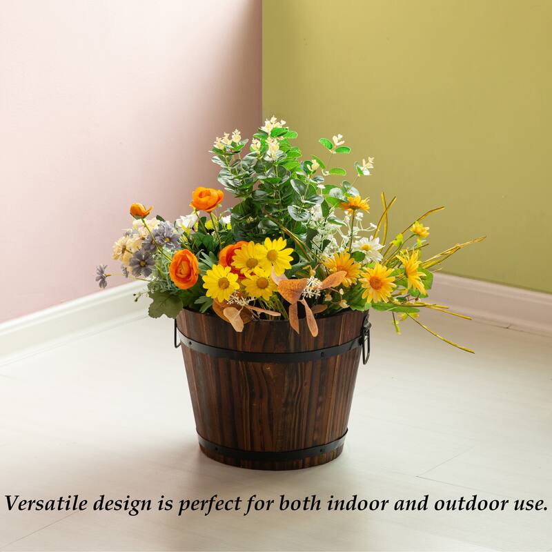 Rustic Wooden Whiskey Barrel Planter with Durable Medal Handles and Drainage Holes - Perfect for Indoor and Outdoor