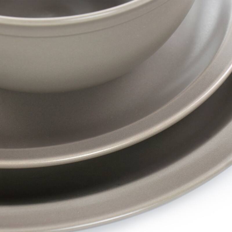 Gibson Home Siam 12 Piece Round Stoneware Dinnerware Set in Warm Grey