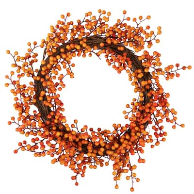 18" Red Orange Berries Artifical Fall Harvest Twig Wreath, 18", Unlit