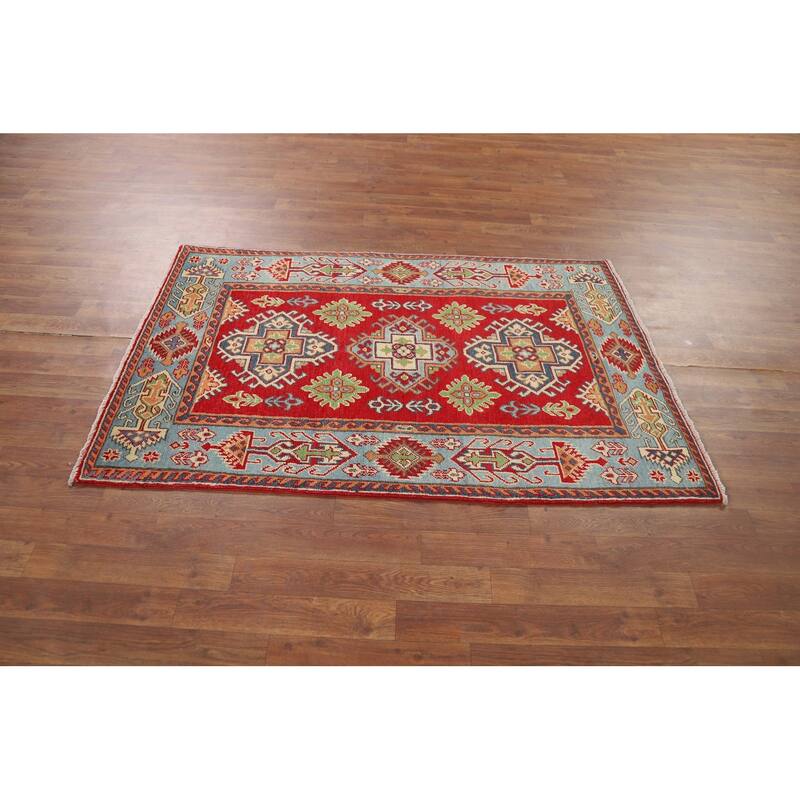 Geometric Red Kazak Accent Rug Hand-Knotted Wool Carpet - 3'2" x 4'11"