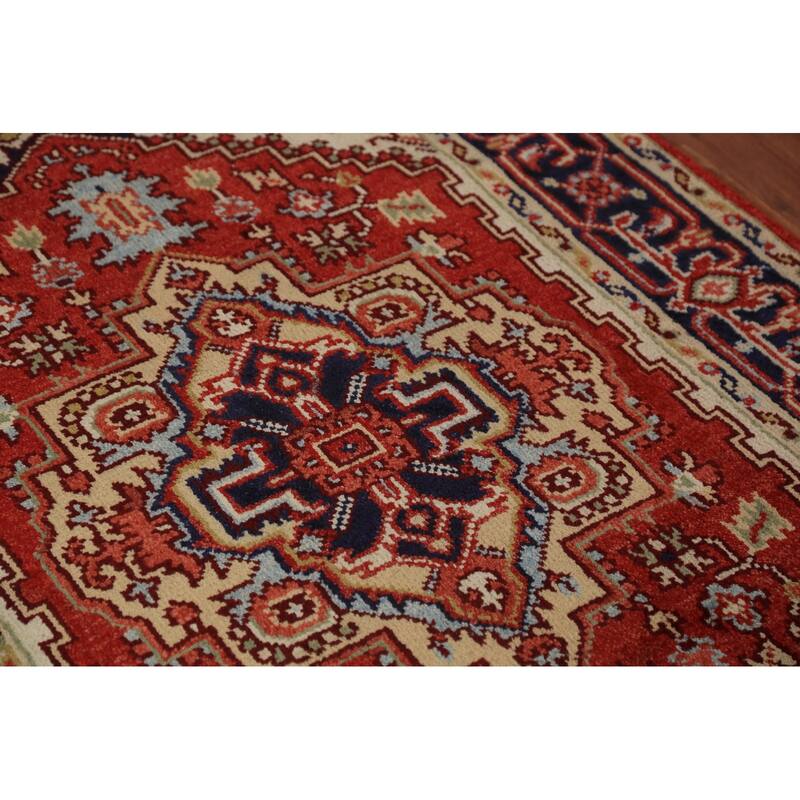 Geometric Heriz Serapi Oriental Rug Orange Handmade Wool Carpet - 4'0"x 5'10"