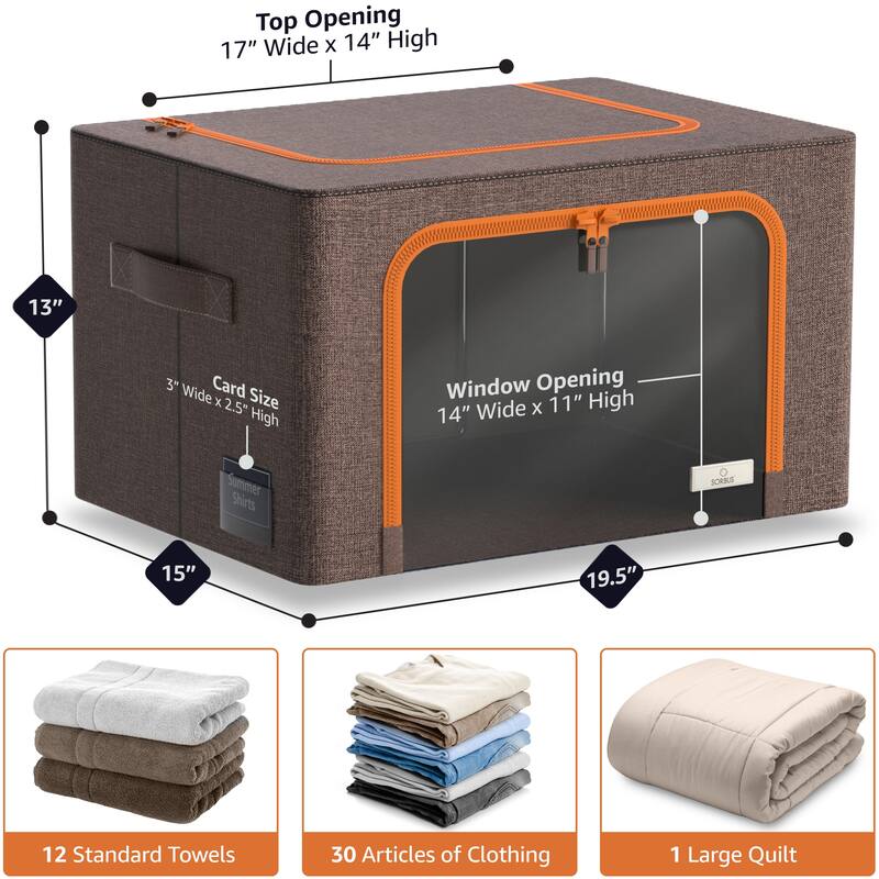 Sorbus Storage Bins with Metal Frame Stackable Foldable Clothes Organizer Bags Oxford Fabric With Clear Window & Handles- 4Pk