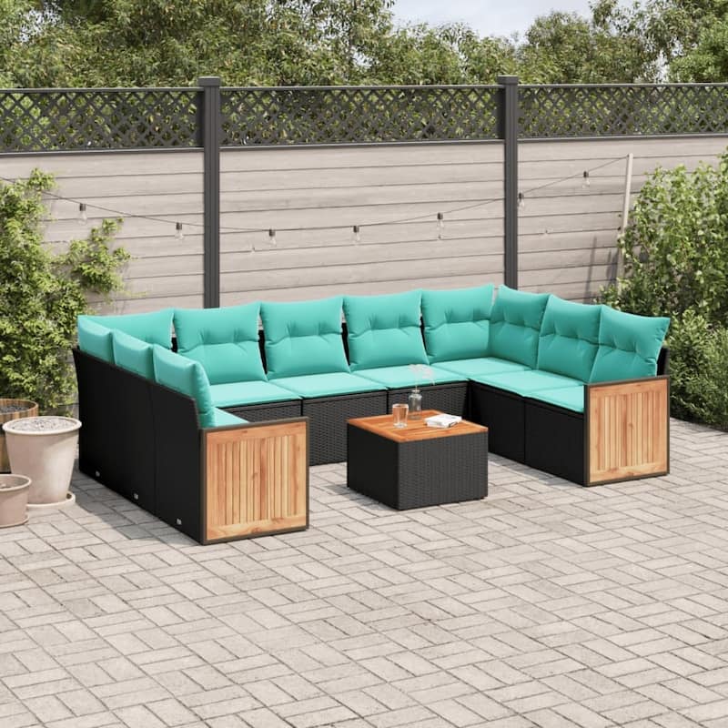 vidaXL 9/10 Piece Patio Sofa Set with Cushions Black/Gray Poly Rattan - 24.4 x 24.4 x 27.2 - Black With table