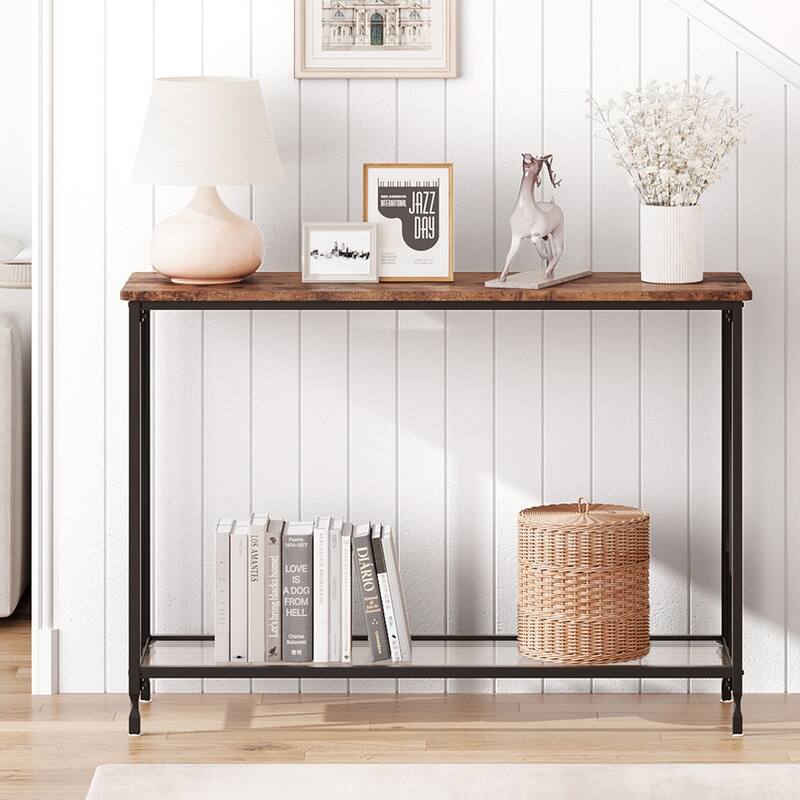Modern Style Console Table with Glass Shelf and Metal Frame