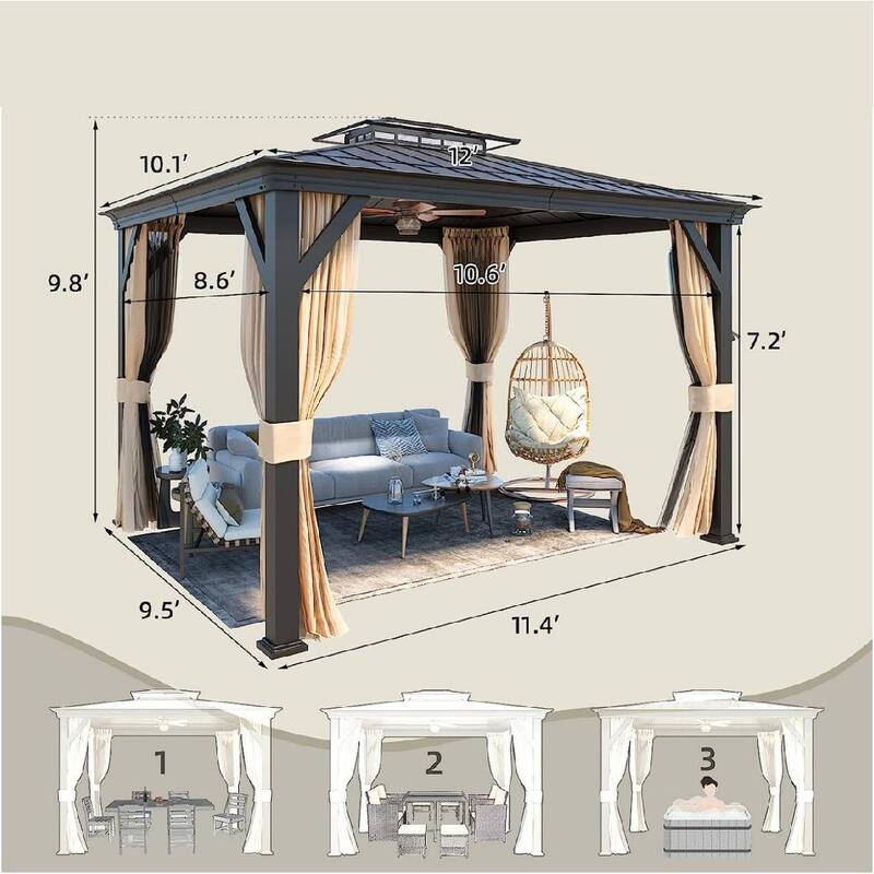 Outdoor Pro Series Galvanized Steel Hardtop Patio Gazebo Pergola w/Aluminum Frame, Prime Curtains and nettings include