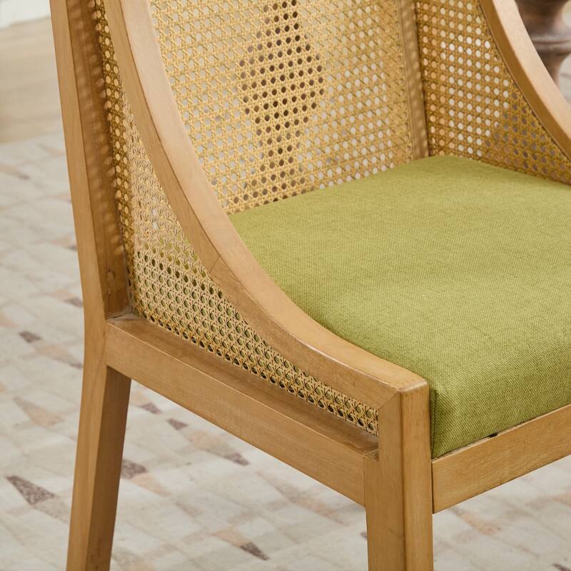 Rattan Dining Chairs, Solid Wood Frame with Decorative Armrests, Linen Upholstered Seat, Wooden Style Side Chairs,Single Pack
