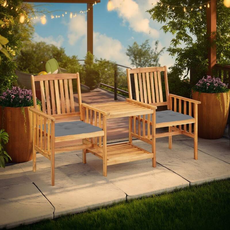 Outdoor 3pc Bistro Table and Chairs Set, Gray, Slatted Brown Wood