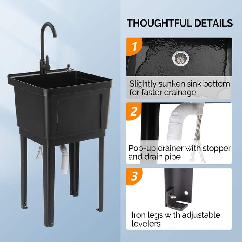 Freestanding Plastic Utility Sink with Stainless Steel Faucet