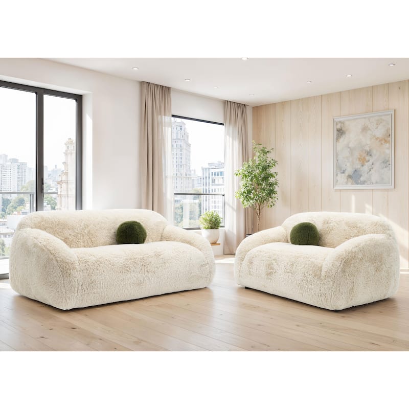 Furniture of America Cynra Modern 2-Piece Faux Fur Sofa Set with Ball Pillows - Sand Short-Haired