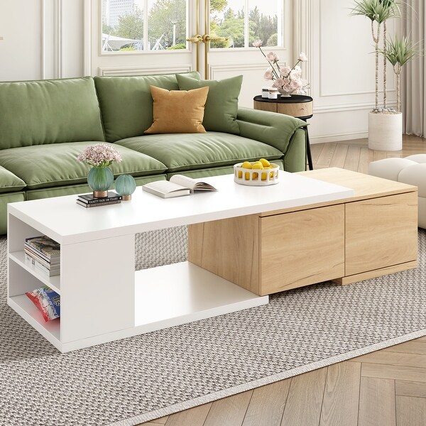 Modern Coffee Table with Extendable Sliding Tabletop and 2 Drawers