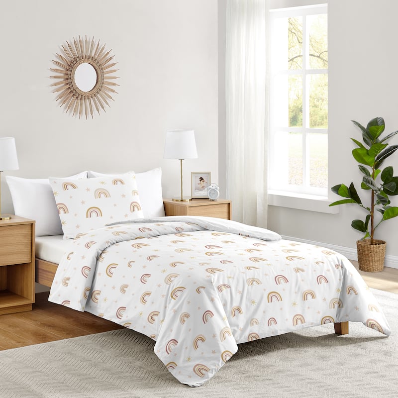 Boho Rainbow Girl 2pc Twin Comforter Set - Blush Pink Dusty Rose Gold Yellow Mauve Taupe Beige Tan Bohemian Stars Sun Celestial
