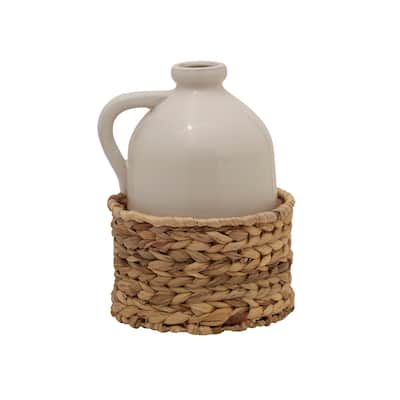 Elements White Handle Rattan Basket Vase, 7X9 Inch