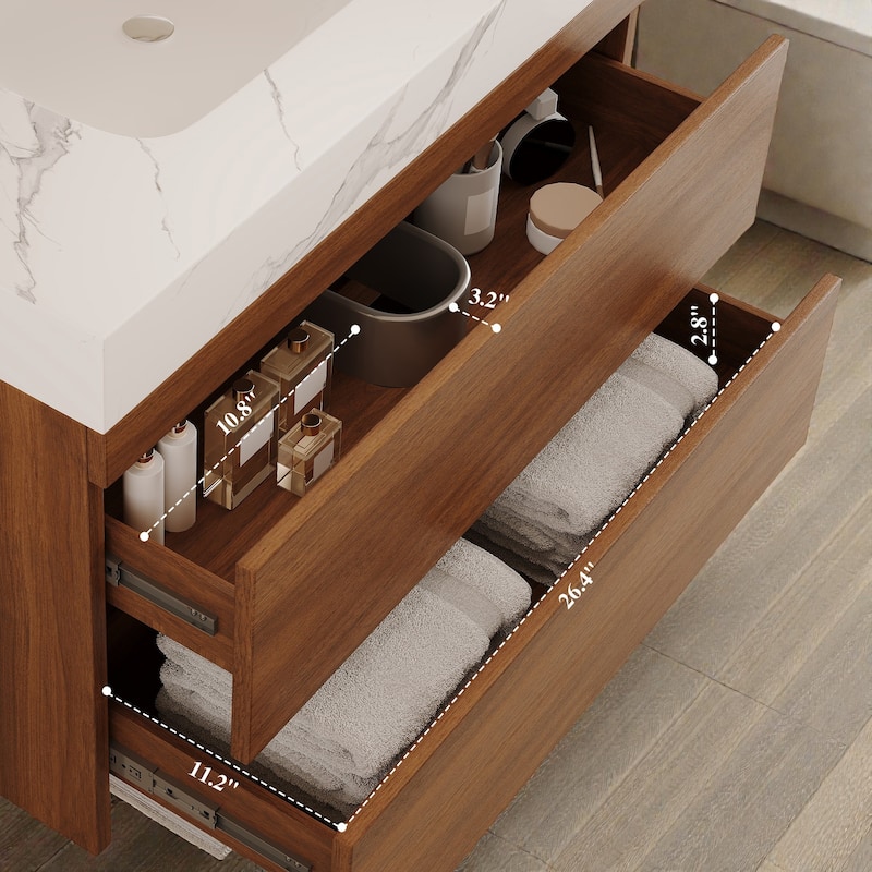 29.9" Floating Bathroom Vanity with Faux Marble Top, Ceramic Undermount Sink, Soft-Close Drawers for Modern Small Bathrooms