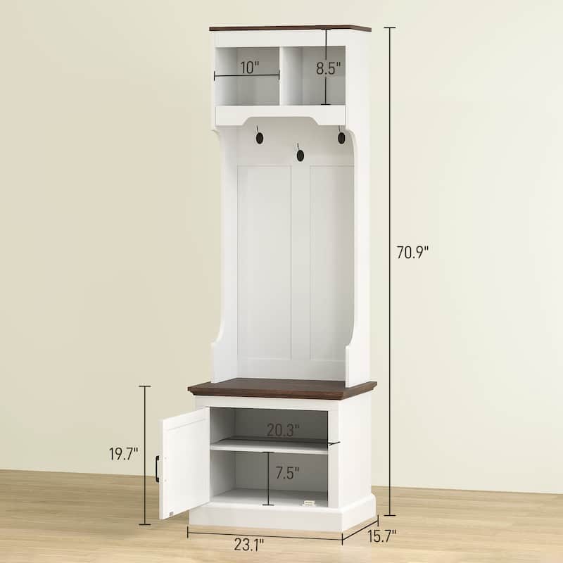 Multi-Functional Hall Tree with Bench Coat Rack Shoe Storage and Top Storage Compartments - 23.1" W x 15.7" D x 70.9" H