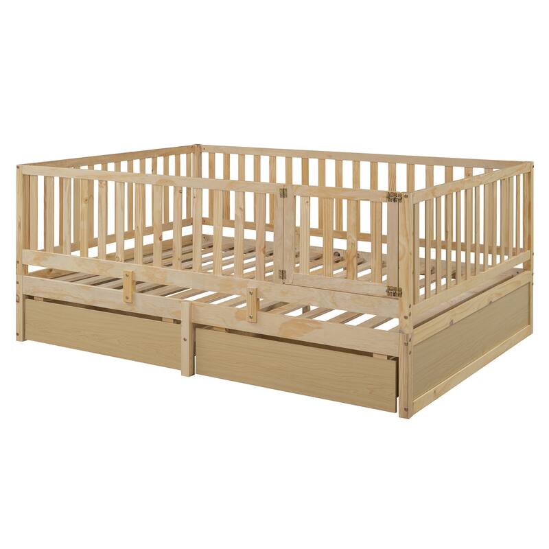 Full Size Wood Daybed with Fence Guardrails and 2 Drawers, Convertible to Floor Bed and Daybed, Natural Finish