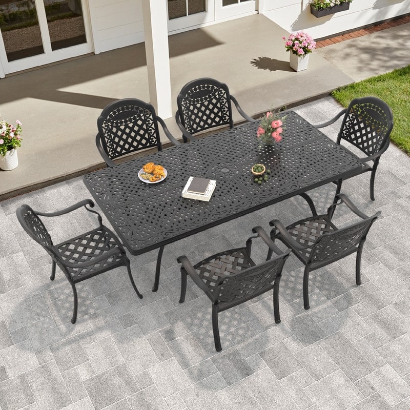 7/9-Piece Cast Aluminum Outdoor Dining Set with 82.68'' L X 41.34'' W Rectangular Table and Seat Cushions