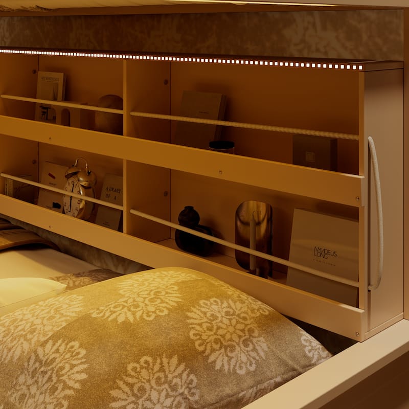 Full XL over Queen/Full over Full Bunk Bed with Integrated Shelving, Color-Changing Lights & Pegboard