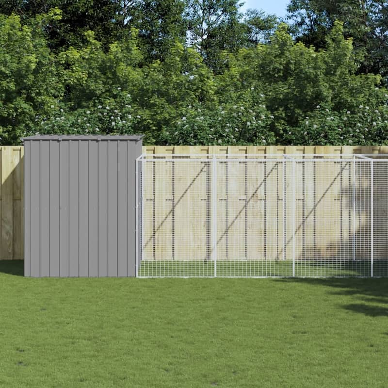 vidaXL Dog House with Run Light Gray/Anthracite multisize Galvanized Steel - 84.3" x 340.6" x 71.3" - Gray