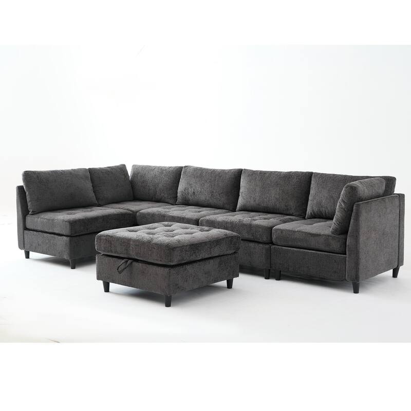 128" Chenille U-Shaped Modular Sectional Sofa with Storage Ottoman, Pocket Spring Support, and 6-Seat Configurable Design