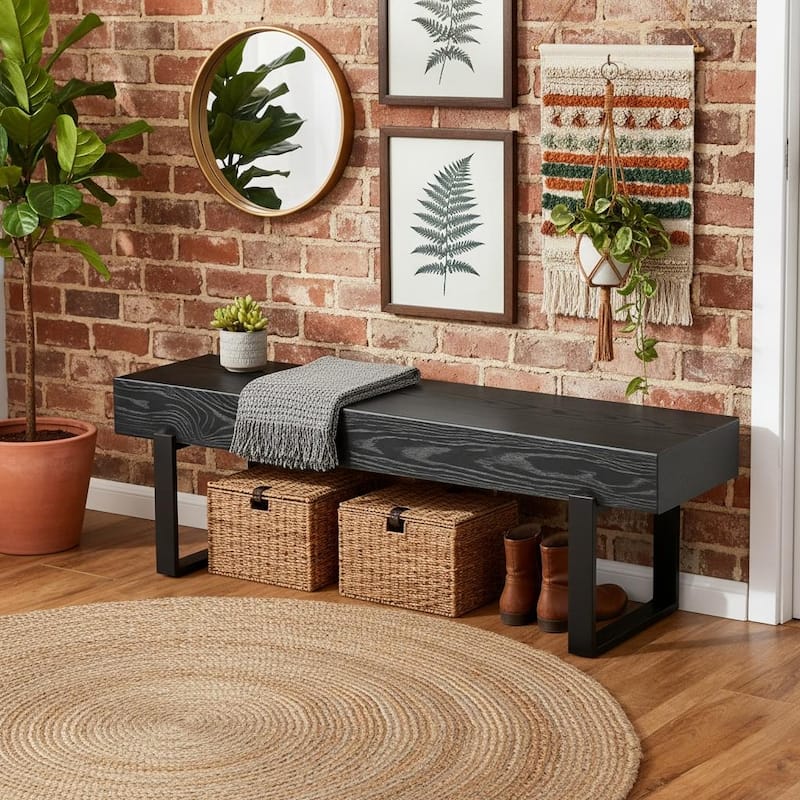 Sleek Modern Unupholstered Bench with Heavy-Duty Metal Legs by Harper&Bright Designs - Black