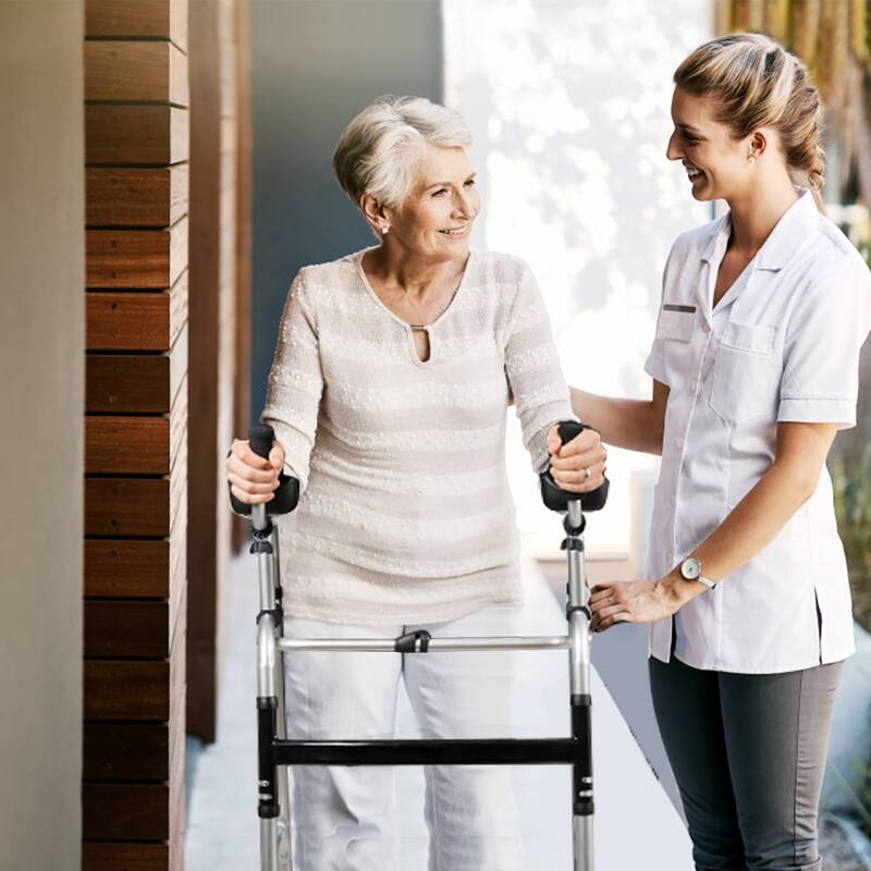 Costway Folding Wheel Walking Frame Adjustable Alloy Walker W/Armrest - See Details