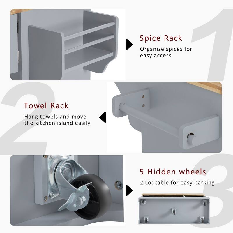 59.3" Rolling Kitchen Island with Drop Leaf, Power Outlet & Trash Can Storage