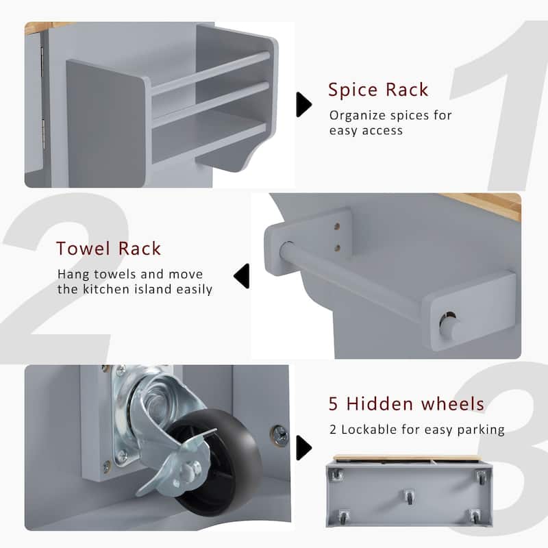 59.3" Rolling Kitchen Island with Storage and Pull-Out Organizers Rubber Wood Drop Leaf Rolling Design for Versatile Use