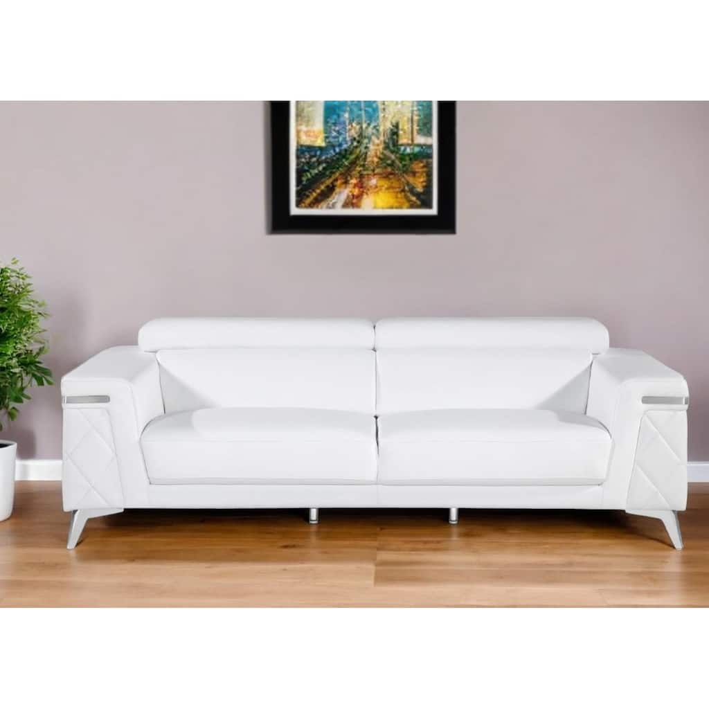 HomeRoots 89" White Italian Leather Sofa With Silver Legs - 89