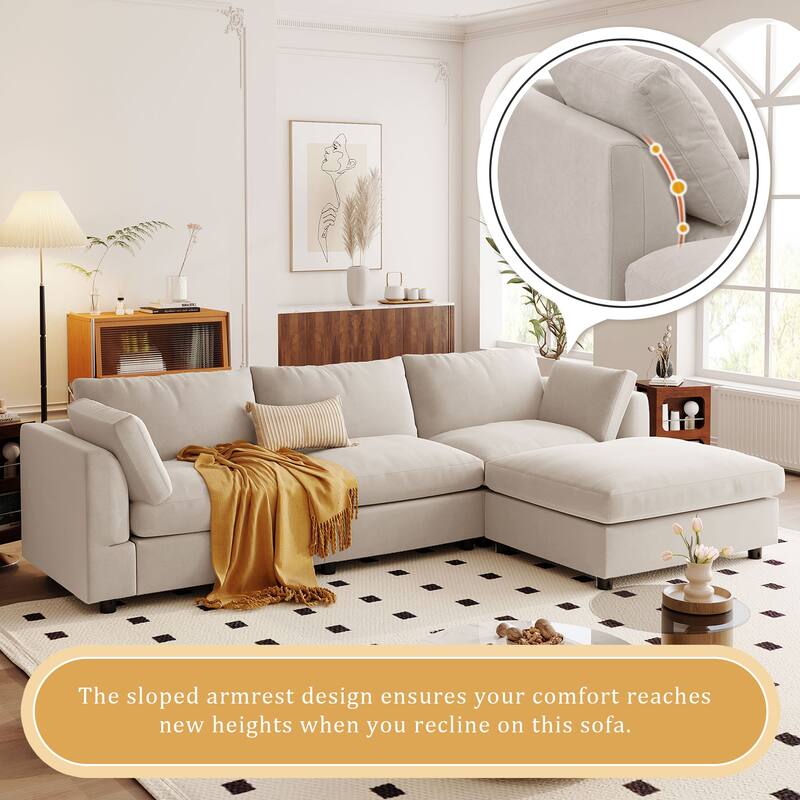 4-Seat Convertible Sectional Sofa with Adjustable Footrest, L Shaped Couch Set with Reversible Chaise for Livingroom - Beige