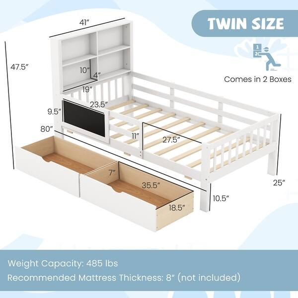 dimension image slide 1 of 2, Twin/Full Size Bed Frame with 2 Drawers and Bookcase for Boys and Girls