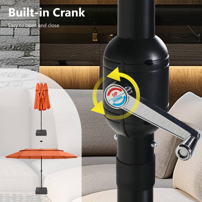 MAISON ARTS 15ft 2-Tier Large Patio Umbrella with Solar Lights, Double-Sided Outdoor Market Umbrellas with Base Included