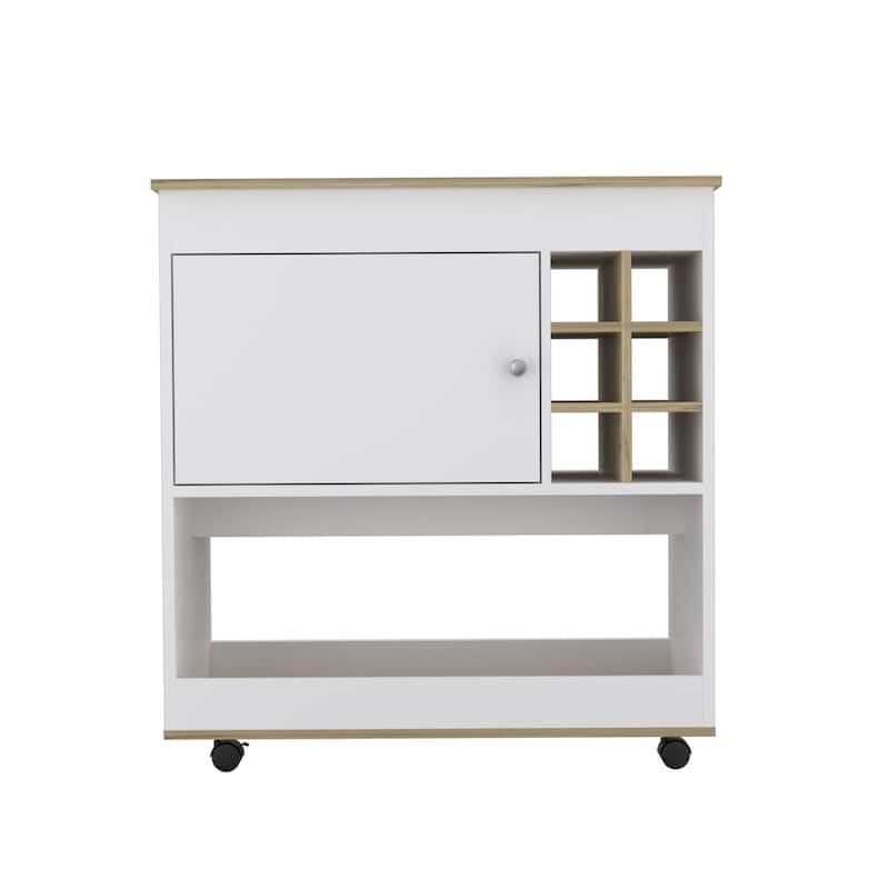 Brown and White Rolling Bar Cart with Wine Storage and Shelves - 35.4” x 18.5” x 37.4” - Brown-White