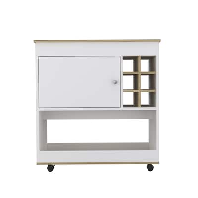 Brown and White Rolling Bar Cart with Wine Storage and Shelves - 35.4” x 18.5” x 37.4”