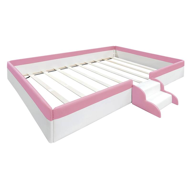 Upholstered Floor Bed Fence Bed Slat Platform Bed with Fence and Second Level Ladder, Anti-collision Frame for Kids Toddler