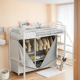 Twin Size Metal Loft Bed with Wardrobe and Storage Shelves, White