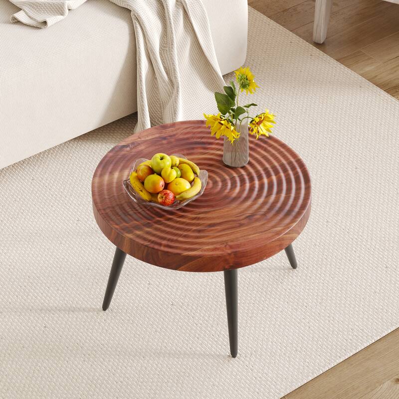 Modern Round Coffee Table - Exquisite Suction Molding Process,Natural Wood Grain Texture,Black Sprayed Metal Leg.