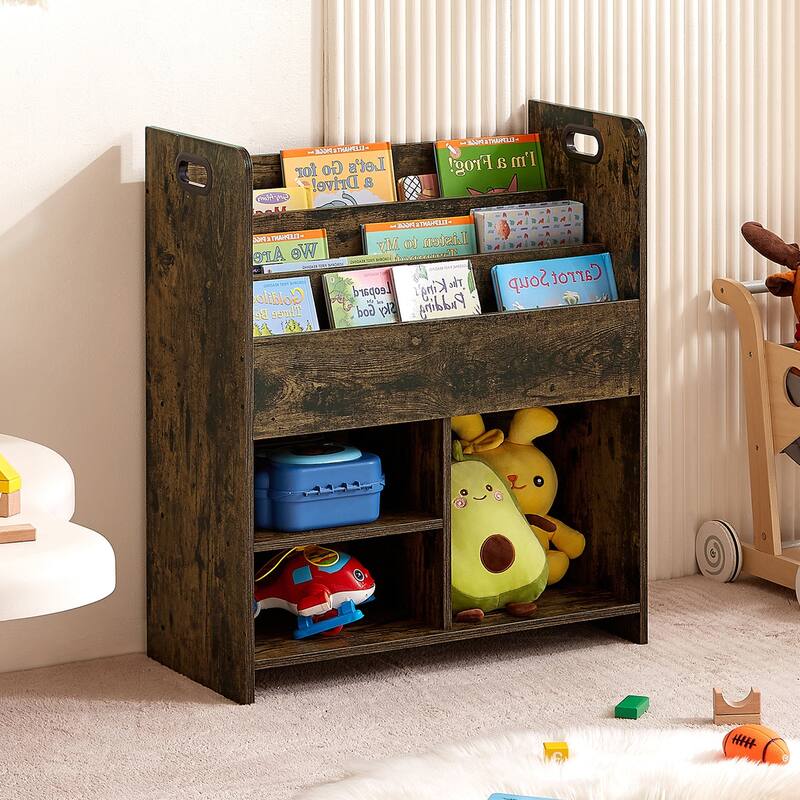 VECELO Kids Bookshelf, Wooden Toy Storage Cabinet Organizer or Kids Room, Bedroom, Nursery, Kindergarten, Bookcase with Shelves - Coffee