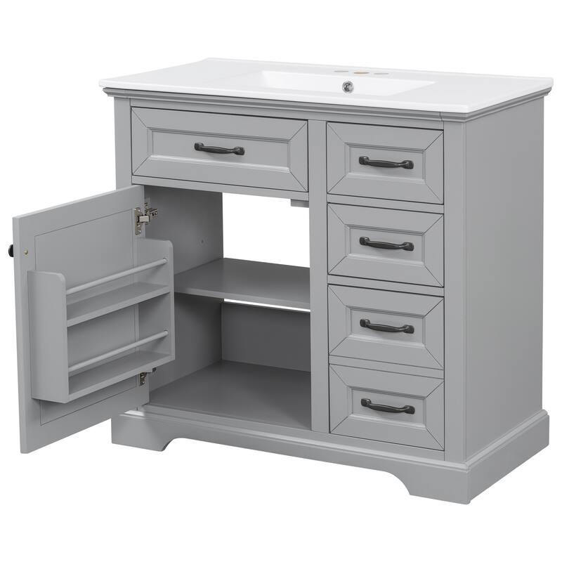 Roomfitters 36" Bathroom Vanity with Ceramic Sink, 2 Tip-out Drawers and Smart Storage Organizer
