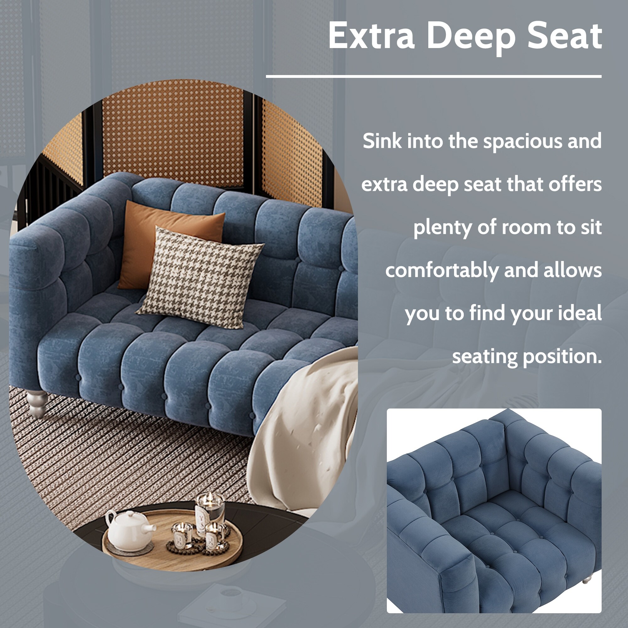 Room Extra Deep Seat Loveseat Modern 3-pcs Sofa Set Seat Blue