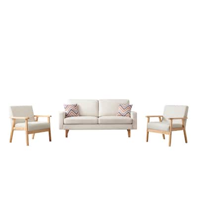 Gala 3 Piece Sofa and Chairs Set, Ivory Fabric, 2 Pillows, Brown Wood Frame