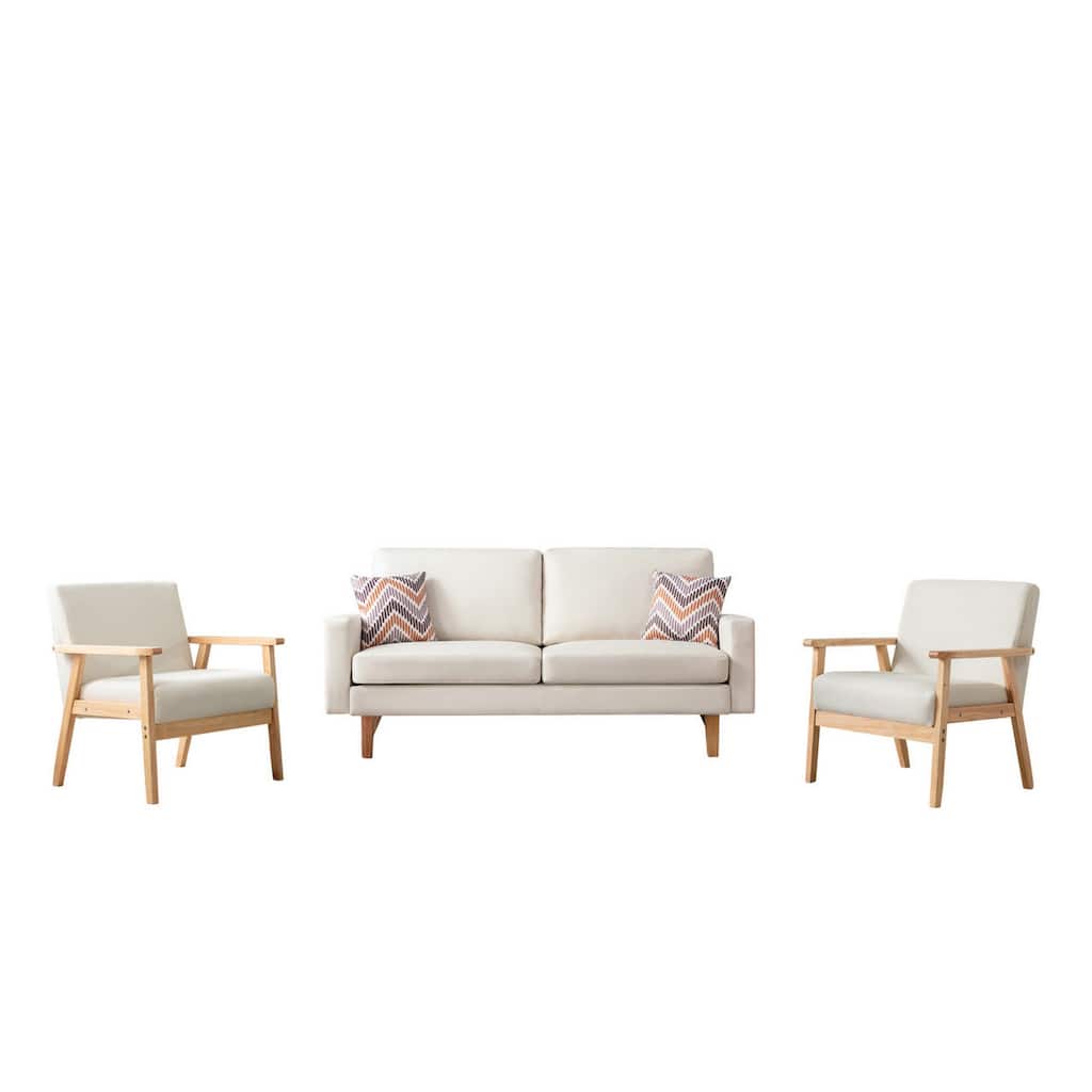 Gala 3 Piece Sofa and Chairs Set, Ivory Fabric, 2 Pillows, Brown Wood Frame