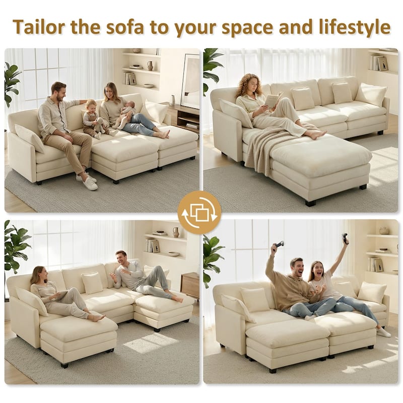 MCombo 111.8'' Modular Sectional Sofa Couch with Reversible Ottoman for Living Room, L Shaped Sofa, FSC Certified