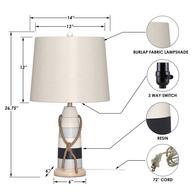 Lux Lighting Buoy, 27" Poly Coastal Table Lamps White and Blue (Set of 2) 3-Way Switch