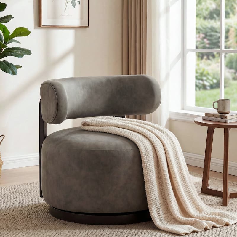 Christopher Knight Home -Modern PU Upholstered Swivel Club Chair with Wooden Base - Dark Brown+Grey