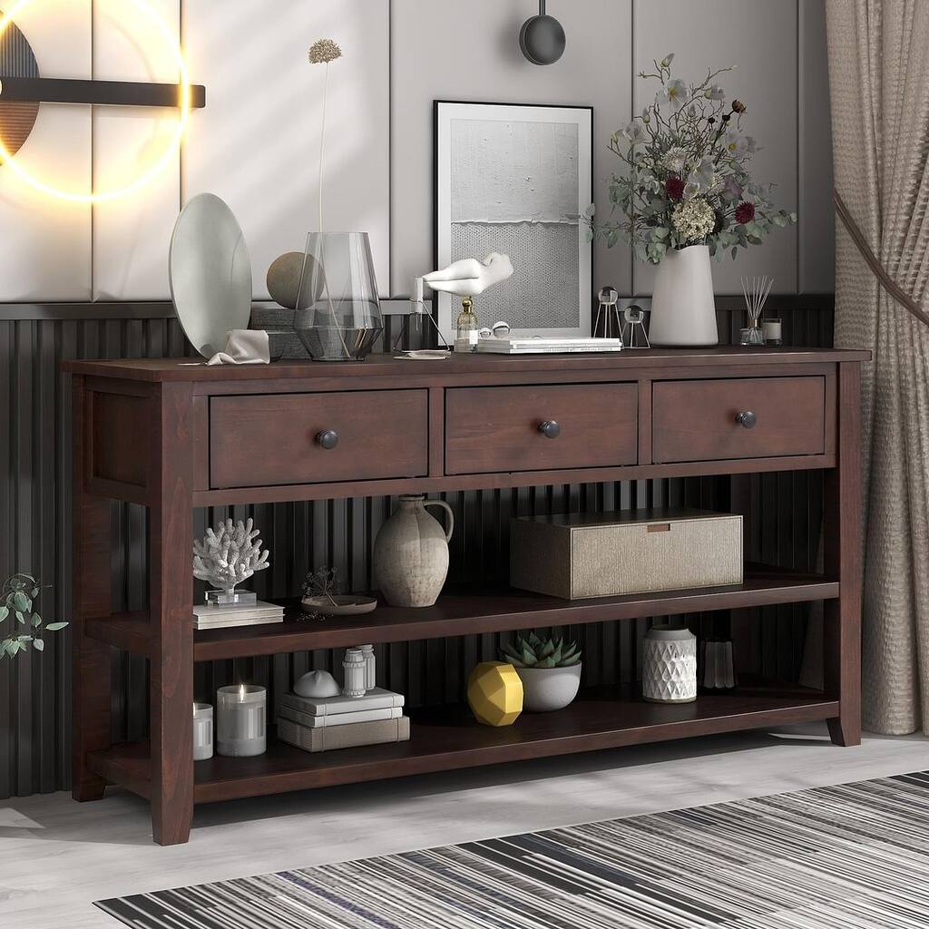 Mid-Century Solid Wood Console Table 3 Drawers 2 Shelves Entryway Storage