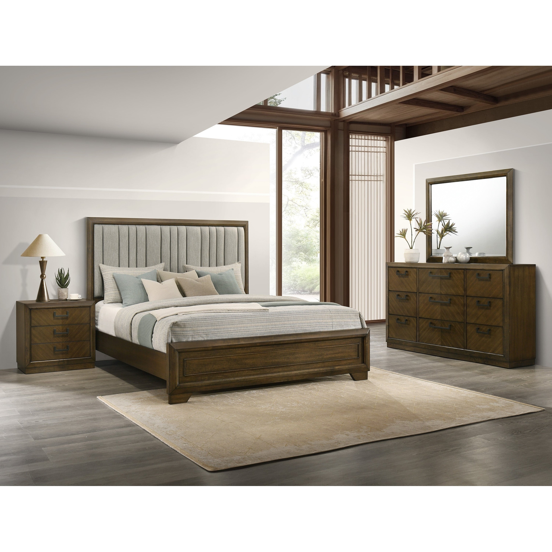 4pc Brown Panel Upholstered Bed Dresser Mirror Nightstand Set Bedroom Wooden Furniture