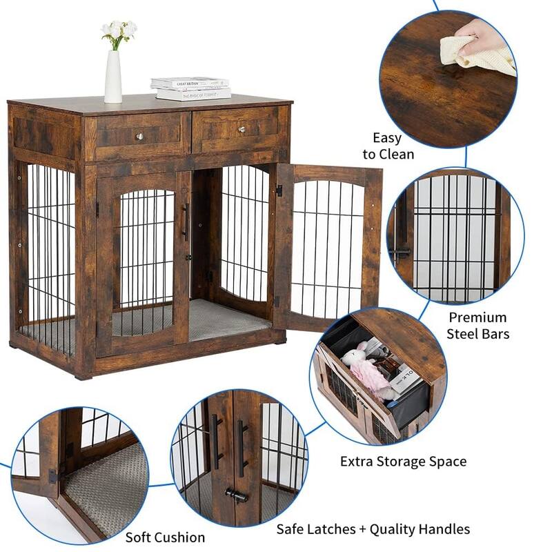 Dog Crate Furniture with Drawers, Wooden Kennel Table with 3 Doors