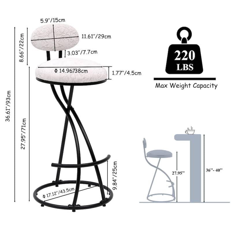 Round Print Bar Stools Set of 2 Metal Upholstered Chairs for Kitchen Island & Dining Rooms Counter Stools