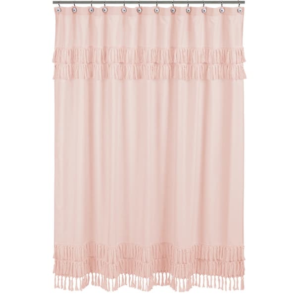 slide 2 of 5, Pink Boho Bohemian Bathroom Fabric Bath Shower Curtain - Solid Blush Shabby Chic Princess Luxurious Luxury Elegant Tassel Fringe