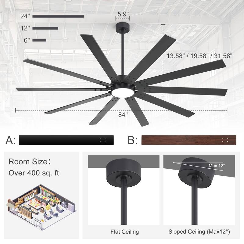Large 84"/72" Reversible 10-Blade Integrated Ceiling Fan with LED Light Kit and Remote
